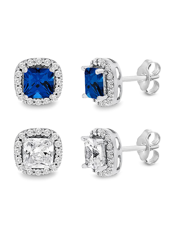 

Mia Sarine 2-Piece Rhodium Plated Brass Stud Earrings Set for Women, with 3 Cttw Simulated Sapphire & Cubic Zirconia Halo Stone, Blue/Silver