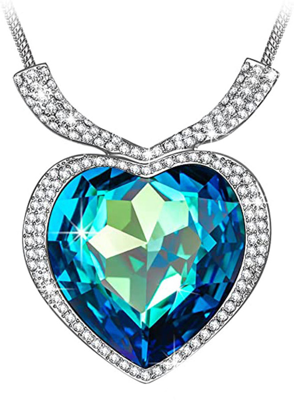 Qianse "Heart of the Ocean Pendant Necklace" Made with Heart Shape Blue Swarovski Elements Crystal for Women, Blue/Silver