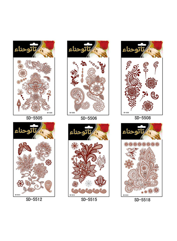 

Adecco LLC Waterproof Henna Tattoo Stickers, 6 Sheets, Red