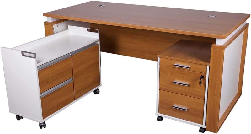 

Mahmayi Zelda Melamine M191-16 L Shape Modern Desk with Side Return Storage Unit and 2 Drawers, Light Walnut/White