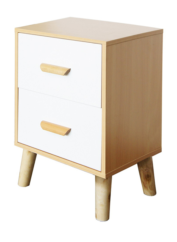 Mahmayi 303-2 Modern Multifunctional D Nightstand Wooden Side Table Storage, 2 Pieces, Beech/White Melamine