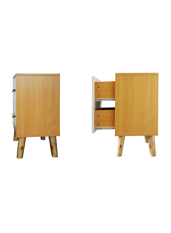 Mahmayi 303-2 Modern Multifunctional D Nightstand Wooden Side Table Storage, 2 Pieces, Beech/White Melamine