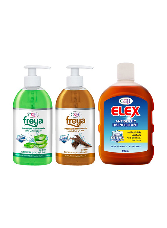 

C&H Freya Aloe Vera Handwash 500ml + Freya Royal Oud Handwash 500ml + Elex Antiseptic Disinfectant Liquid 500ml Set, 3 Pieces