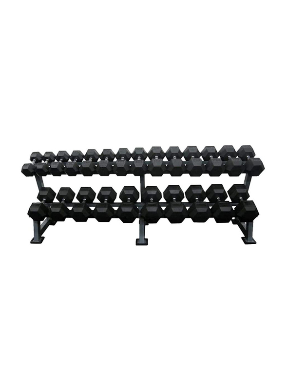 Miracle Fitness Hex Dumbbells Set with Heavy Duty Dumbbell Rack, 2.5KG - 25KG, Silver/Black