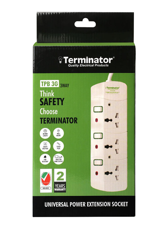 

Terminator 3 Sockets Universal Power UK Plug Extension Socket, 3-Meter Cable with 13A Plug and Esma Approved, Off White