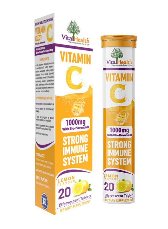 

Vital Health Vitamin C Bio Flavonoids Lemon Flavour Dietary Supplement, 1000mg, 20 Effervescent Tablets