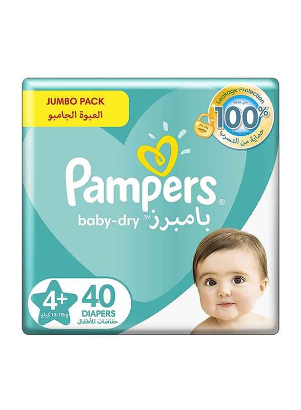 Pampers Baby-Dry Diapers, Size 4 Plus, Maxi+, Junior, 10-15 kg, Jumbo Pack, 40 Count