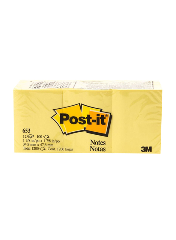 

3M Post-It 653 Sticky Notes, 34.9 x 47.6mm, 12 x 100 Sheets, Yellow