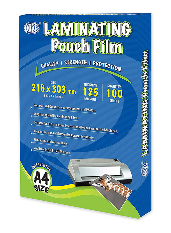 FIS Laminating Pouch Films, 216 x 303mm, 125 Microns, 100 Sheets, A4 Size, Clear