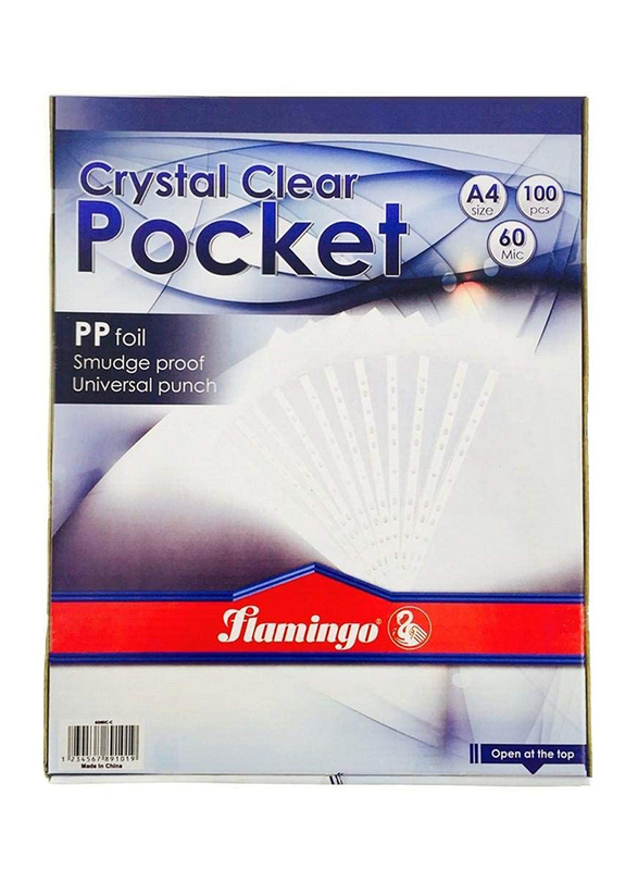 Flamingo A4 Size Filing Folder Pocket, 100 Pieces, Crystal Clear