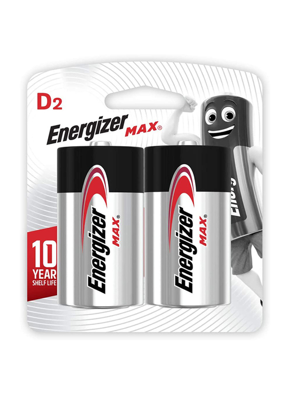 Energizer E95 BP2 D Max 1.5V Alkaline Battery, 2 Pieces, Silver/Black