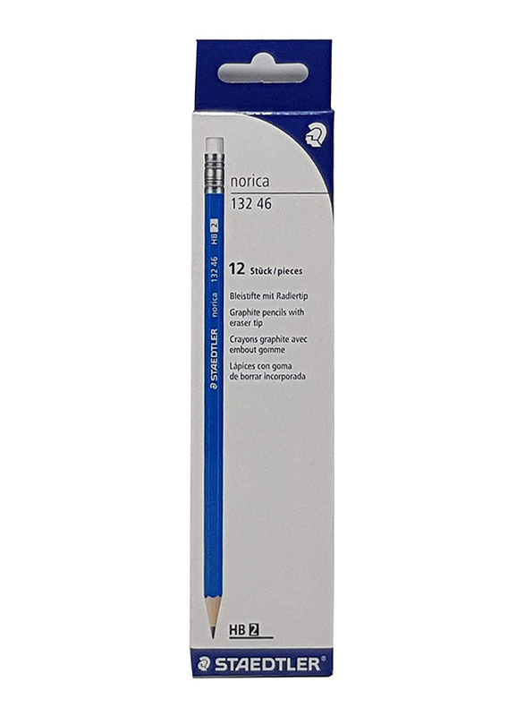 Staedtler 12-Piece HB2 Pencil Set with Attached Tip Eraser, Blue/White