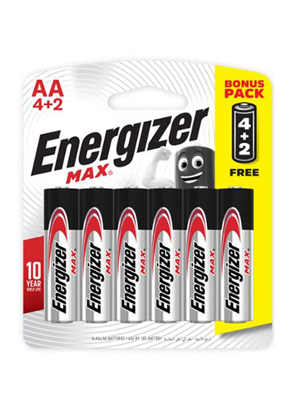 Energizer Max Alkaline Power Seal Technology AA Batteries, 6 Pieces, Black/Silver