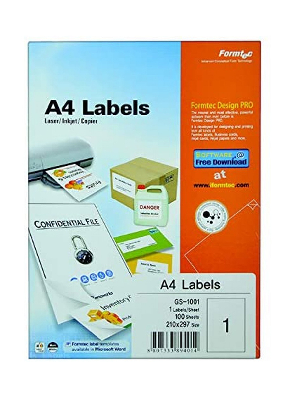 Formtec A4 Labels, 100 Sheets, FT-GS-1116, White