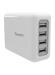 Toreto 4 Ports Desktop USB Turbo Charger Hub, 1.5-Meter, White