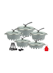 Dessini 17-Pieces Granite Round Cooking Pot Set with Kitchen Tools, Light Grey
