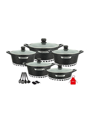Dessini 17-Pieces Granite Round Cooking Pot Set with Kitchen Tools, Dark Black