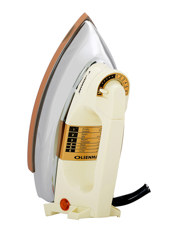 Olsenmark Automatic Dry Iron with Non-Stick Golden Teflon Plate 1200W, OMDI1503, Off White/Silver