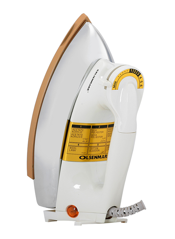 Olsenmark Automatic Dry Iron with Non-Stick Golden Teflon Plate 1200W, OMDI1590, White/Silver