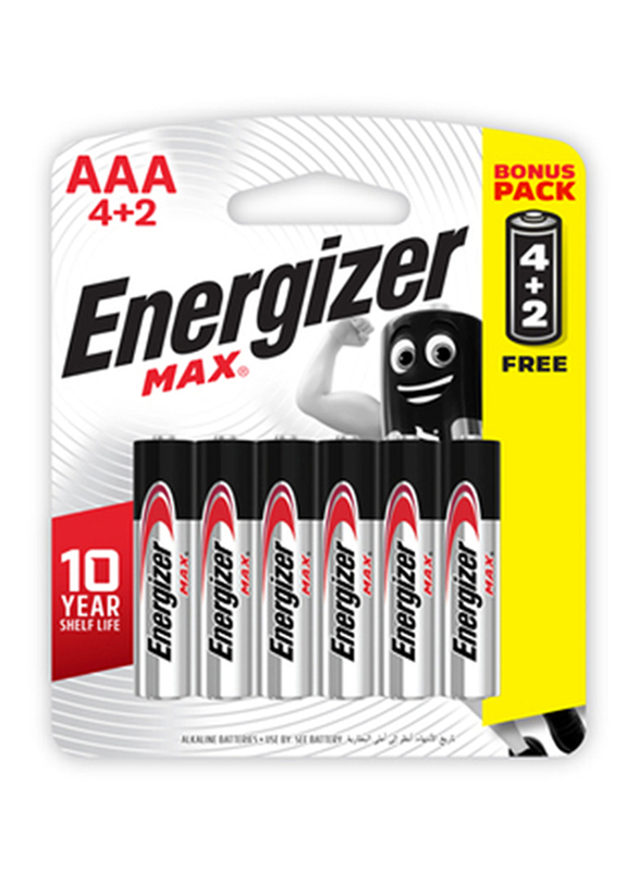 

Energizer Max 1.5V AAA Alkaline Batteries, E92BP6, Promo Pack 4 + 2 Pieces, Silver/Black