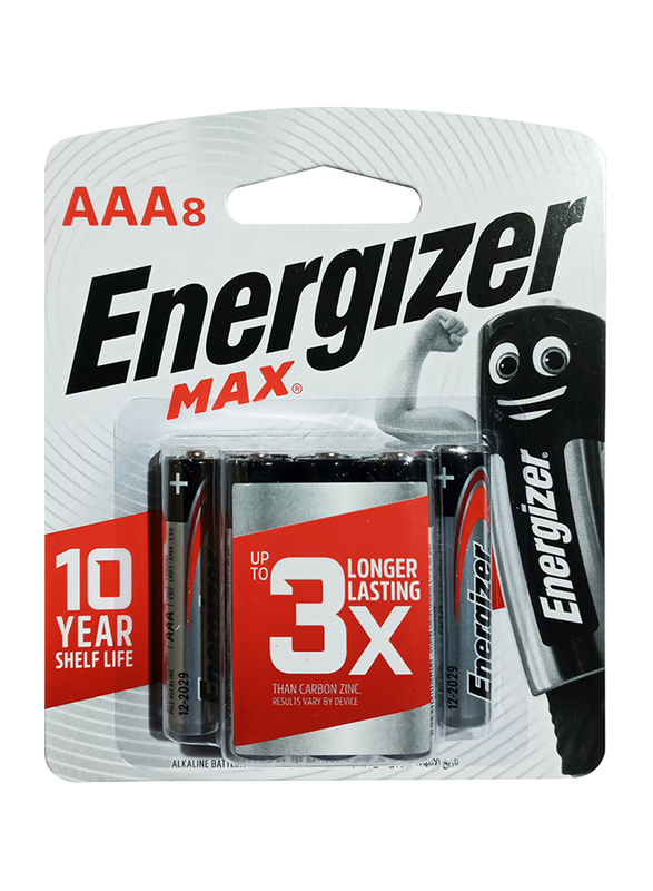 Energizer Max 1.5V AAA Alkaline Batteries, E92BP8, 8 Pieces, Black/Silver
