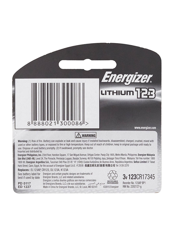 Energizer Ultimate Lithium 3V Batteries, 123AP BP1, Silver/Black