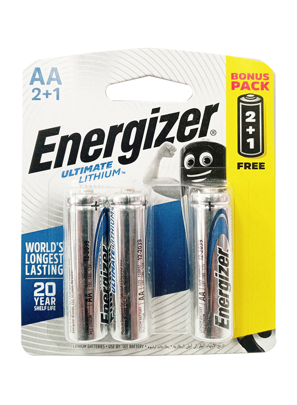 

Energizer Ultimate Lithium 1.5V AA Battery, L91BP2+1, 3 Pieces, Silver