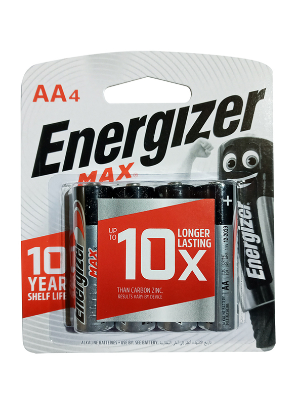 Energizer Max 1.5V AA Alkaline Batteries, E91BP4, 4 Pieces, Black/Silver