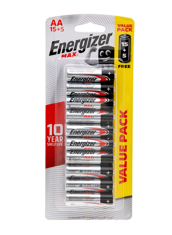 

Energizer Max 1.5V AA Alkaline Batteries, E91HP, Promo Pack 15 + 5 Pieces, Silver/Black