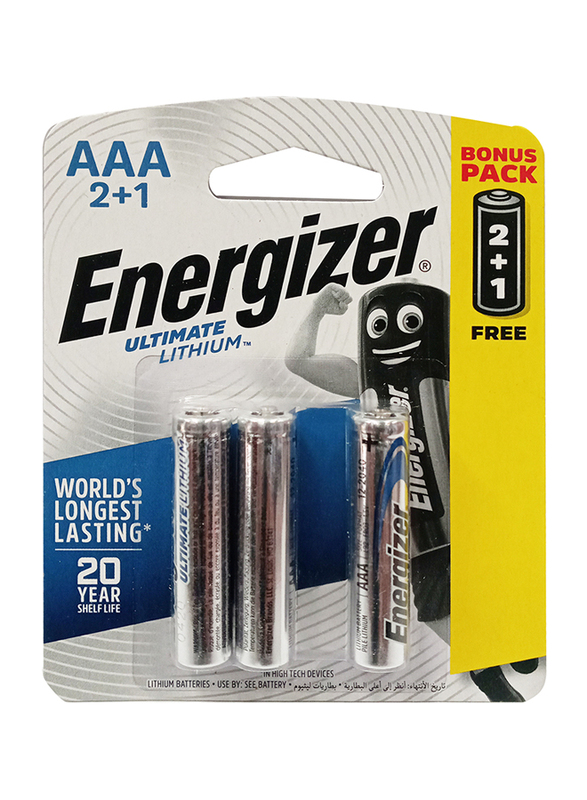 

Energizer Ultimate Lithium 1.5V AAA Battery, L92BP2+1, 3 Pieces, Silver