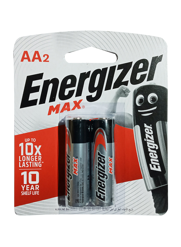 Energizer Max 1.5V AA Alkaline Batteries, E91BP2, 2 Pieces, Black/Silver