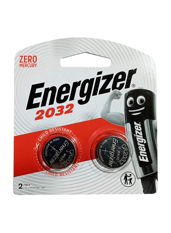 Energizer 3V Lithium Coin Batteries, ECR2032BP2, 2 Pieces, Silver