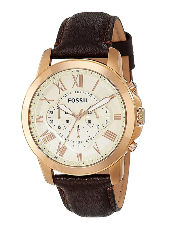 

Fossil Grant Analog Quartz Watch for Men with Leather Band, Water Resistant and Chronograph, FS4991, Brown-White