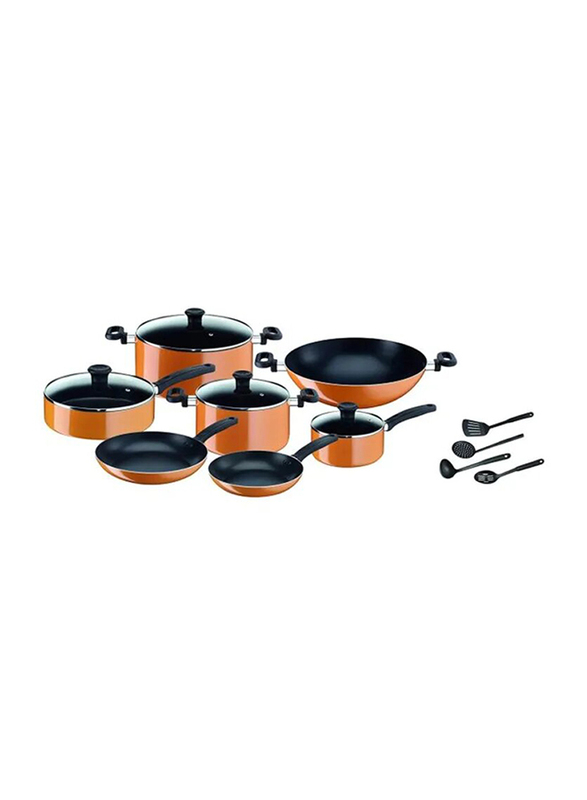 

Tefal 15-Piece Aluminium Cooking Set with Lid, B168A574, Orange/Black