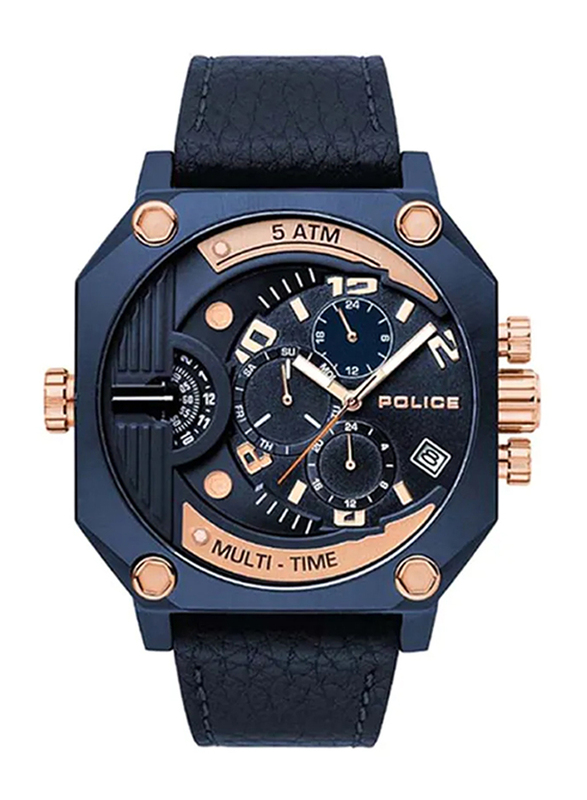 

Police Furnace Analog Quartz Watch for Men with Leather Band, Water Resistant and Chronograph, P 15385JSBL-03, Blue-Blue/Rose Gold
