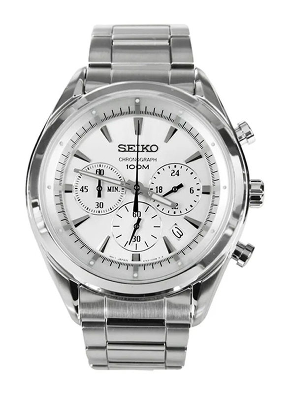 

Seiko Analog Quartz Watch for Men with Stainless Steel Band, Water Resistant and Chronograph, SSB085P1, Silver-White