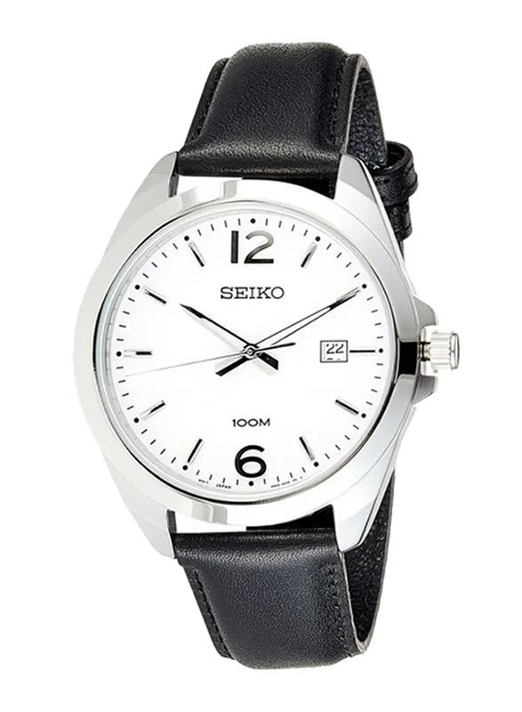 

Seiko Analog Quartz Watch for Men with Leather Band, Water Resistant, SUR213P1, Black-White