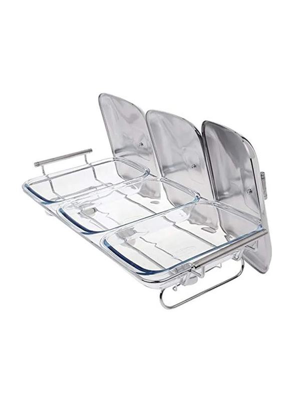 

Chef Inox Pyrex Glass 3- Sections Food Warmer Chafing Dish, Clear