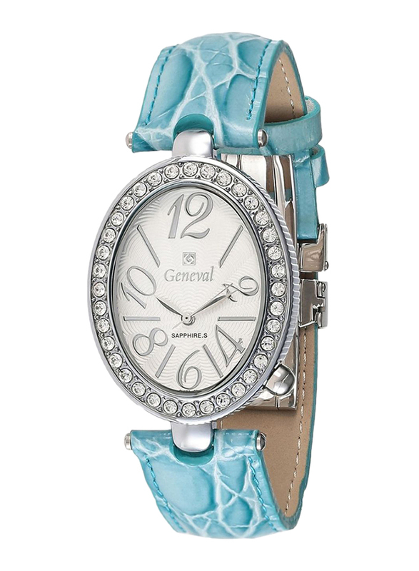 Geneval of Switzerland Analog Watch for Women with Leather Band. Water Resistant. GLS148WWE. Blue-White