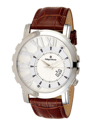 Philippe Moraly of Switzerland Analog Watch for Men with Leather Band. Water Resistant and Date Display. L1017WWO. Brown-White