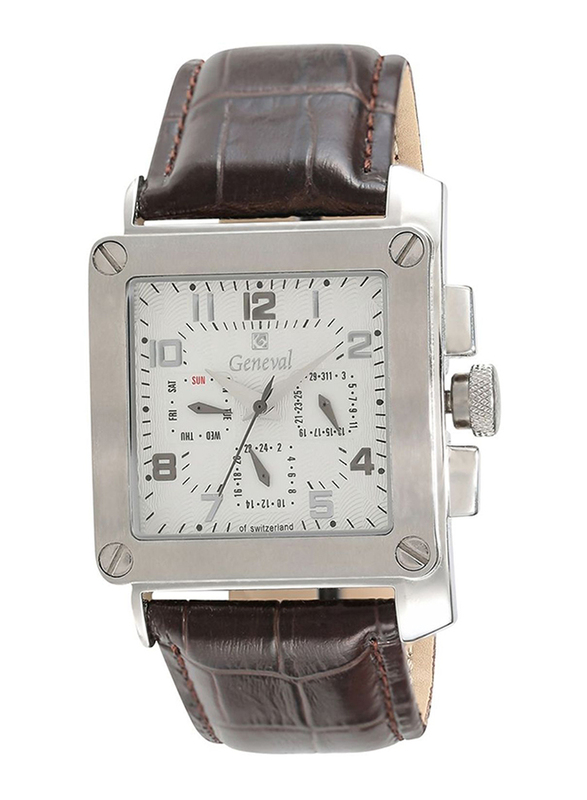 Geneval of Switzerland Analog Watch for Men with Leather Band. Water Resistant and Chronograph. GL133WWO. Brown-White