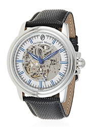Philippe Moraly of Switzerland Analog Automatic Watch for Men with Leather Band. Water Resistant. LA1777WWEB. Black-White/Silver