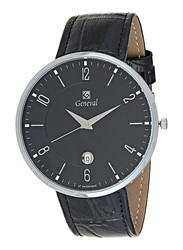 Geneval of Switzerland Analog Watch for Men with Leather Band. Water Resistant. GL1713WBB. Black-Silver/Black