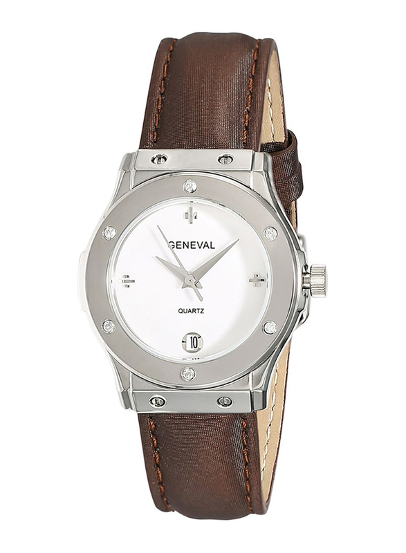 Geneval of Switzerland Analog Watch for Women with Leather Band. Water Resistant. GLS1612WWO. Brown-White