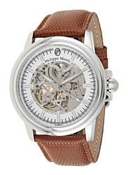 Philippe Moraly of Switzerland Analog Automatic Watch for Men with Leather Band. Water Resistant. LA1777WWO. Brown-White/Silver