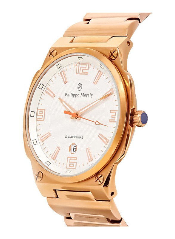 Philippe Moraly of Switzerland Analog Watch for Men with Stainless Steel Band. Water Resistant. M1325RW. Rose Gold-White