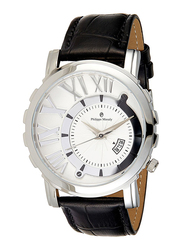 Philippe Moraly of Switzerland Analog Watch for Men with Leather Band. Water Resistant and Date Display. L1017WWB. Black-White