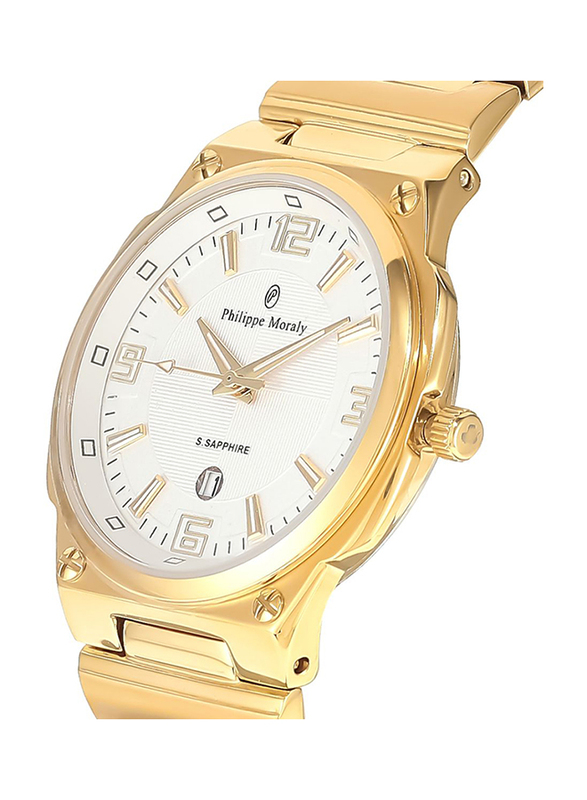 Philippe Moraly of Switzerland Analog Watch for Women with Stainless Steel Band. Water Resistant and Date Display. M1326GW. Gold-White