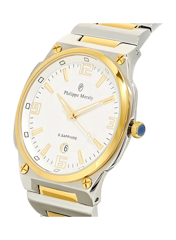 Philippe Moraly of Switzerland Analog Watch for Men with Stainless Steel Band. Water Resistant. M1325CW. Silver/Gold-Beige