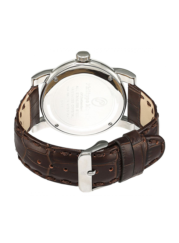Philippe Moraly of Switzerland Analog Watch for Men with Leather Band. Water Resistant and Date Display. L0723WWO. Brown-White/Silver